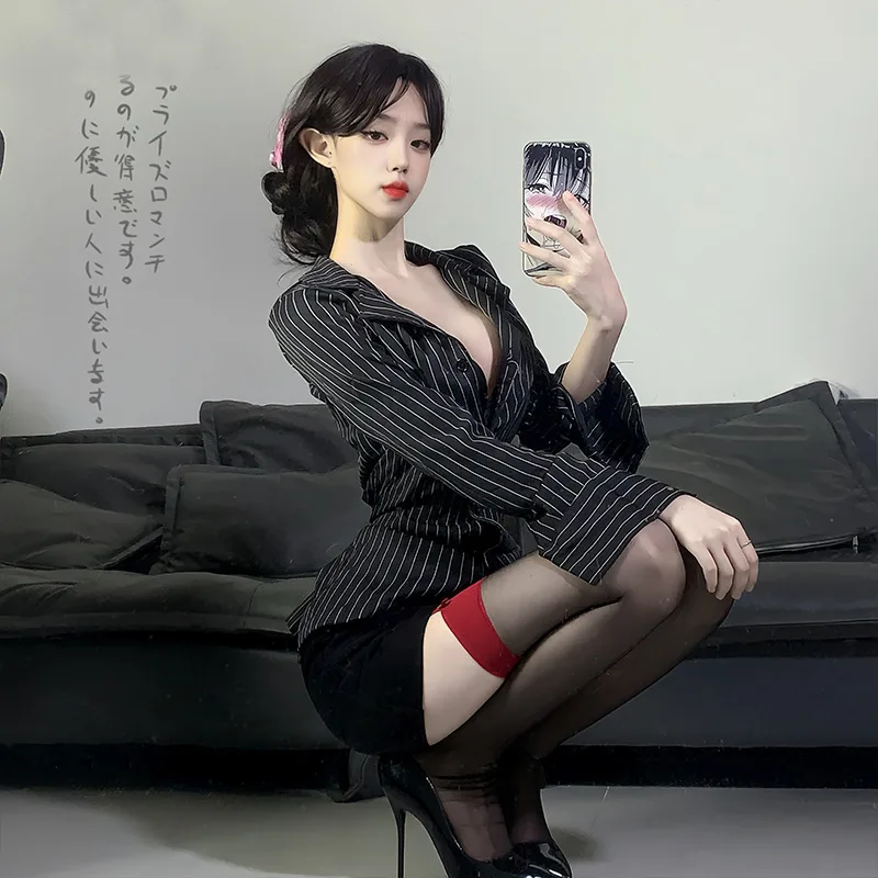 Sexy Secretary OL Office Lady Cosplay Open Bra Role Play Self-Cultivation Lingerie Costumes Striped Shirt Office Lady Uniform view 4