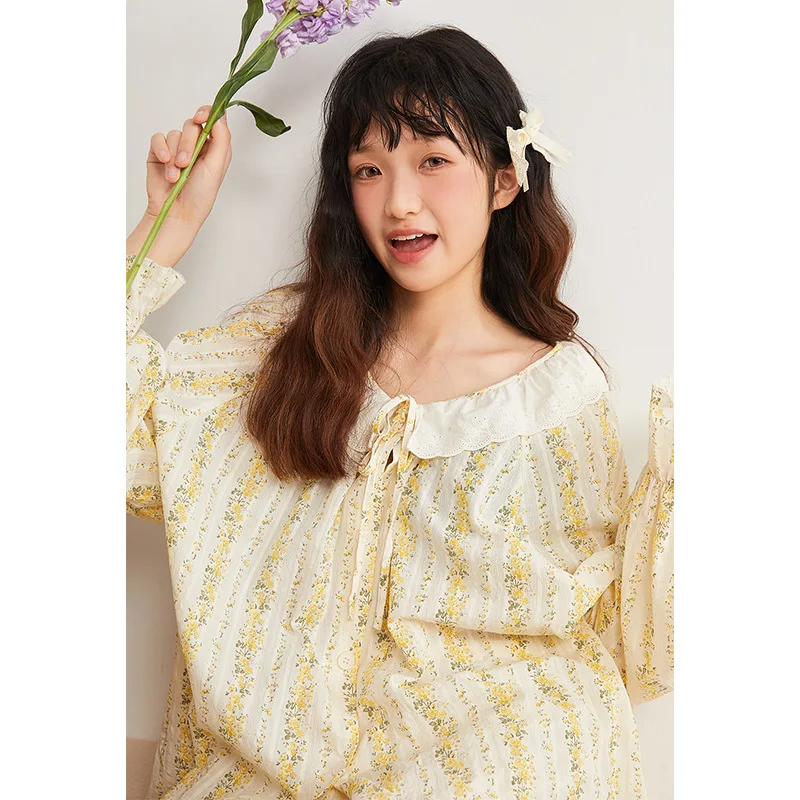 الربيع والخريف جديد منامة المرأة القطن الخالص جولة الرقبة سترة أصفر مخطط زهرة ملابس المنزل يمكن ارتداؤها في الخارج #5