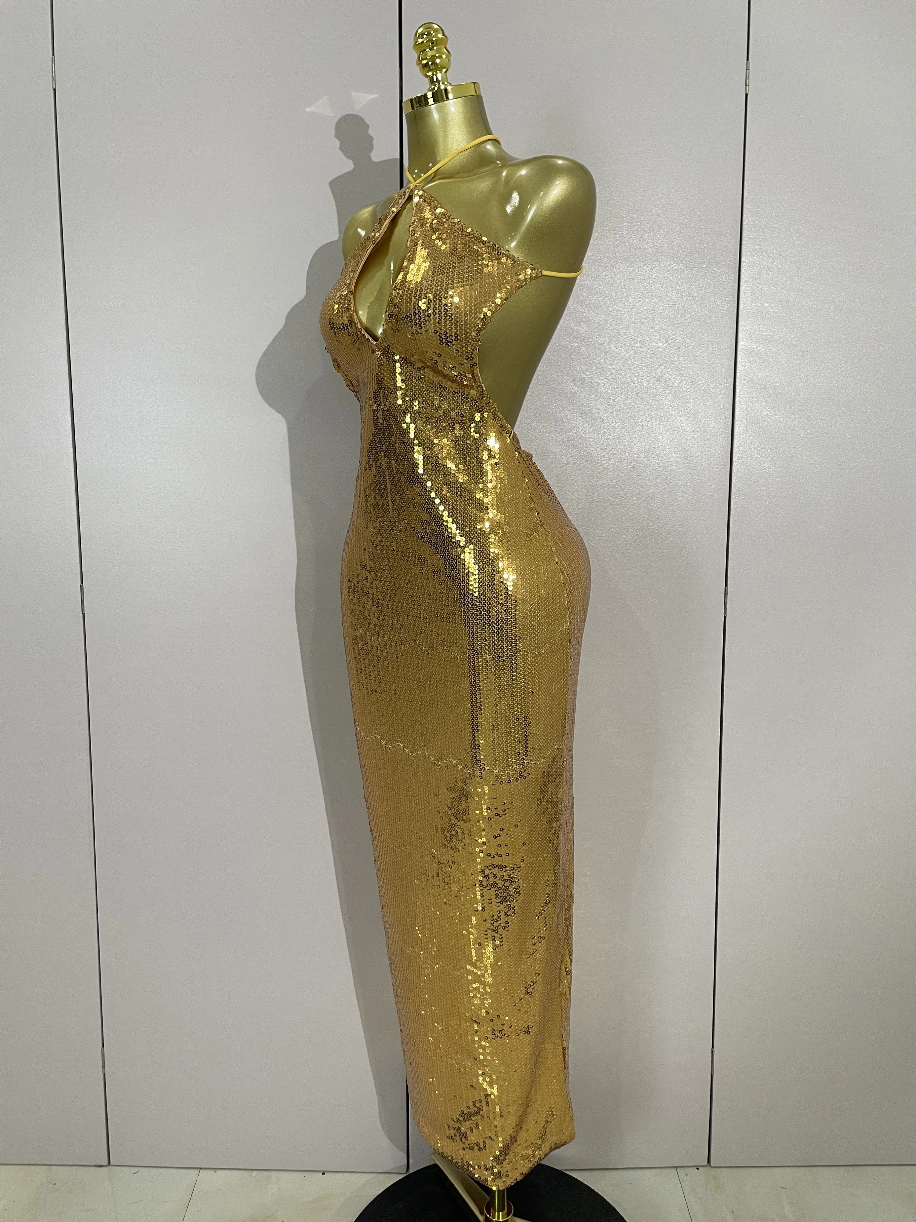 2025luxo brilhante ouro glitter lantejoulas sexy sem costas halter maxi vestido longo elegante festa à noite clube vestido de casamento convidado