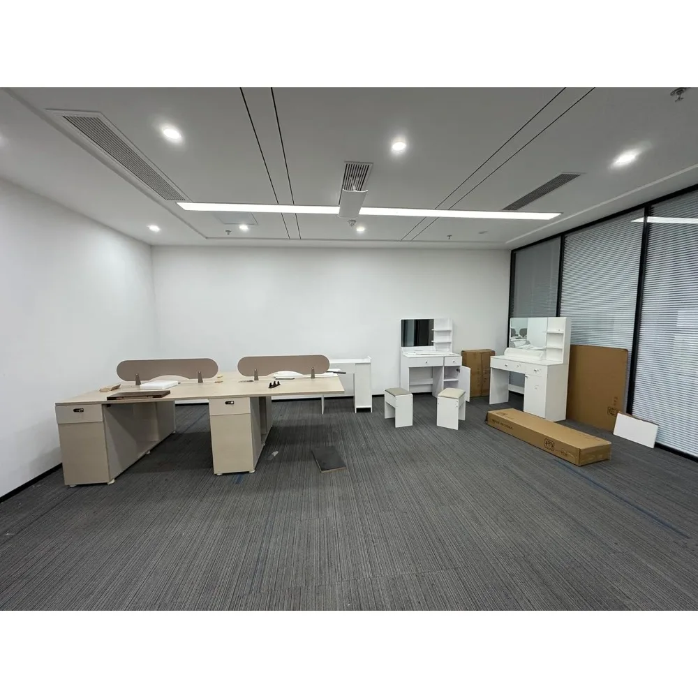 طاولة تزيين مع مرآة وإضاءة، لمبات LED قابلة للتعتيم، درجين، خزائن جانبية، 3 أرفف تخزين