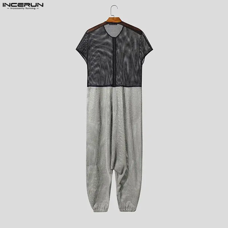 INCERUN Men's Jumpsuits Mesh Patchwork Color-block Zipper Rompers For Man Streetwear Loose 2026 Short Sleeve Fashion Overalls view 5