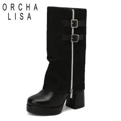 ORCHA LISA 2024 New Fashion Boots Round Toe Block Heels 9.5cm Platform Zipper Fabric Plus Size 48 49 50 Casual Bota