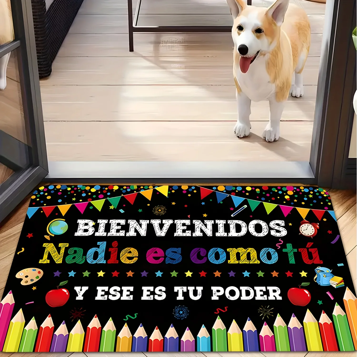 Colorful Spanish Welcome Door Mat, Classroom Decor & Pencils Pattern, Non-slip Entrance Rug, Teacher Gift, Kids Room Floor Mat
