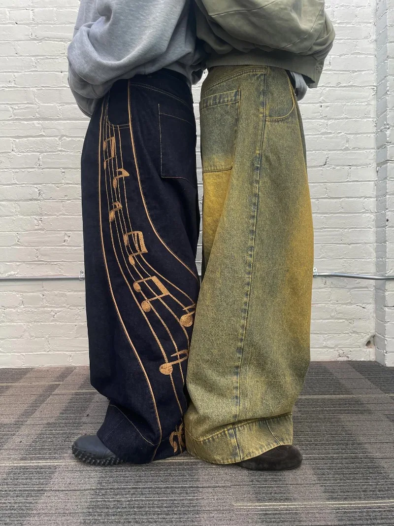 الهيب هوب Harajuku الشارع الشهير الرجعية المتضخم غسلها الجينز الرجال Y2K الأمريكية روك عادية العصرية فضفاض مستقيم واسعة الساق السراويل النساء