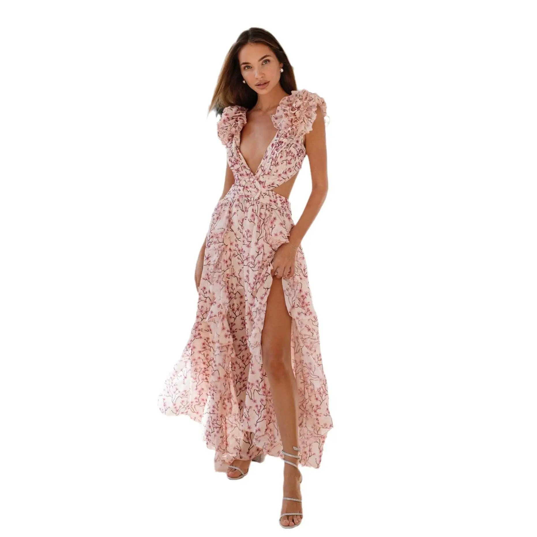 New European and American Women's Ins Hollow Out Slim Fit Deep V Ruffle Edge Broken Flower Backless Dress