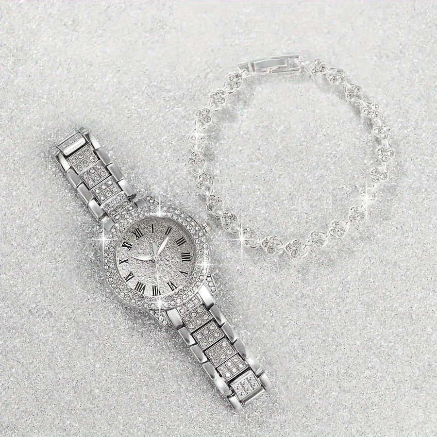 2pcs/set Women's Luxury Rhinestone Quartz Watch Shiny Fashion Analog Wrist Watch & Bracelet, Gift For Mom Her