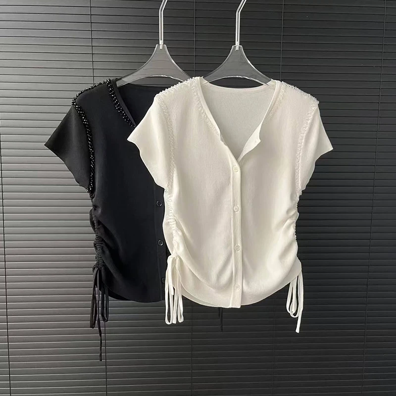 

Корейский вязаный кардиган с V-образным вырезом и коротким рукавом, женский, летний, новинка, большие размеры, модный, повседневный, с эффектными декоративными элементами