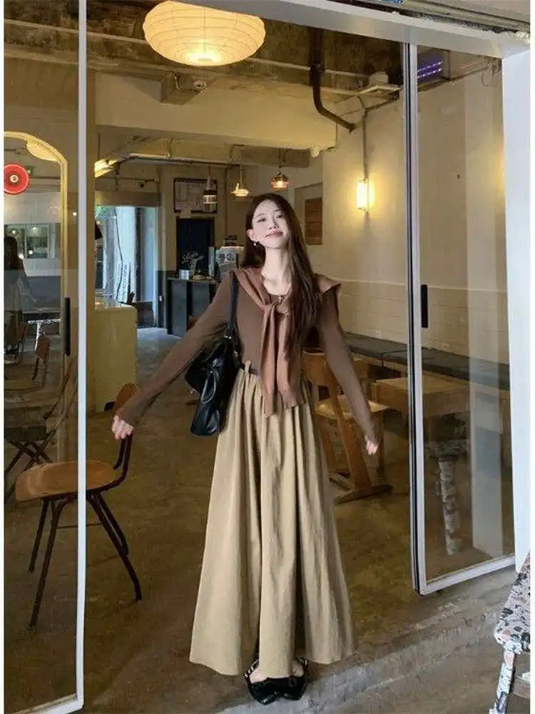 

Loose Vintage Women's Dress with Shawl Flared Skirt Conceals Flaws Slimming Early Spring New Style Waist-Cinching Meat-Blocking