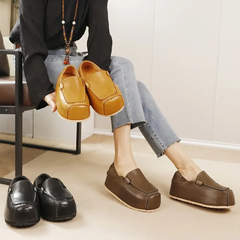 

Birkuir Retro Invisible Heel Flats Shoes For Women Slip On Platform Shoes Luxury Genuine Leather 4.5cm Thick Heel Loafers Shoes