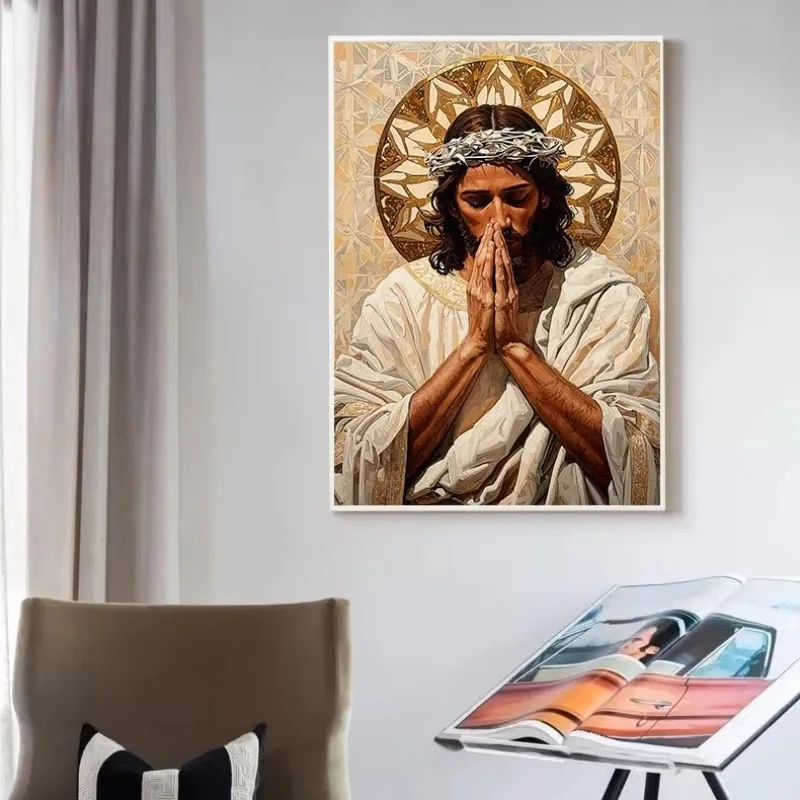 Jesus Christ Canvas Painting Wall Art Crown of Thorns Gold Modern Christian Poster Print Religious Home Decor Living Room Church