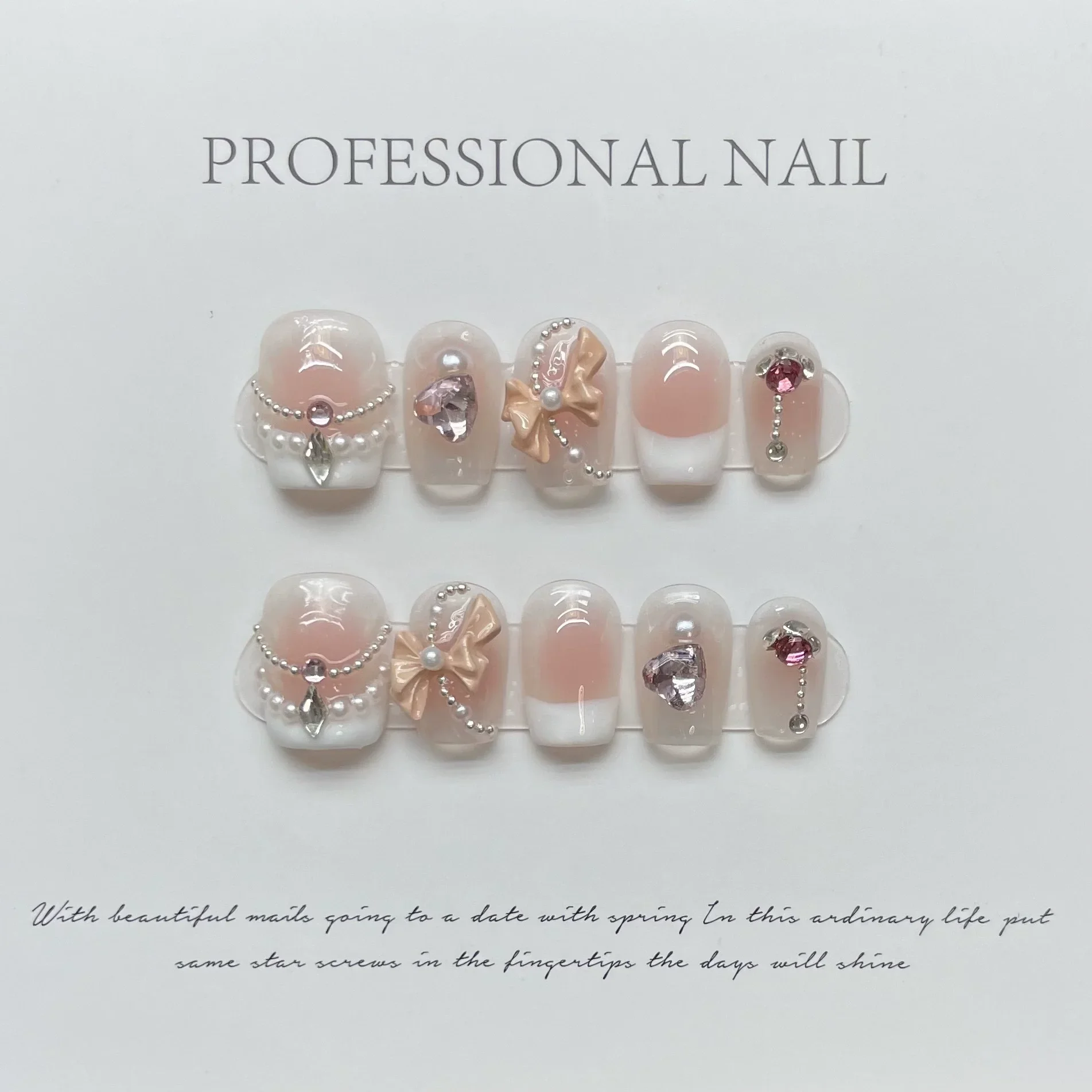 10Pcs French Handmade Press on Nails Fake Nails with Rhinestone Design Wearable Stick-on Nails Full Cover False Nail Uñas 네일팁