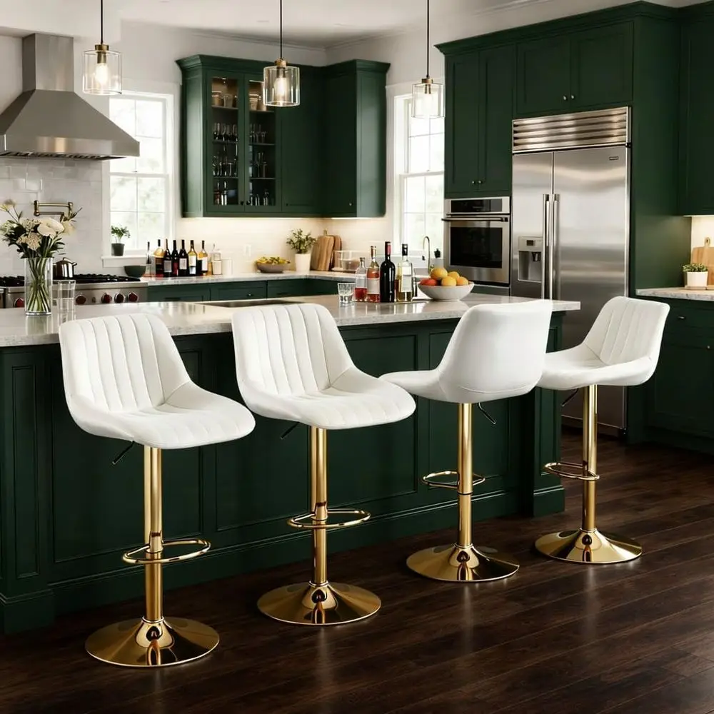 

Set of 4 Velvet Swivel Bar Stools with Back and Arms, Cream Upholstered Counter Height Chairs for Kitchen Island, Dining, and Re