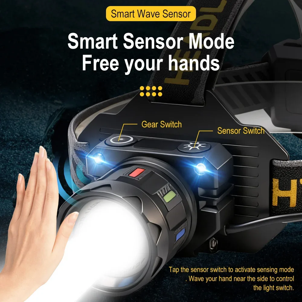 BORUiT 500M Long Throw Motion Sensor LED Headlamp Zoom 1000LM Type-C Rechargeable Headlight Waterproof Camping Head Torch