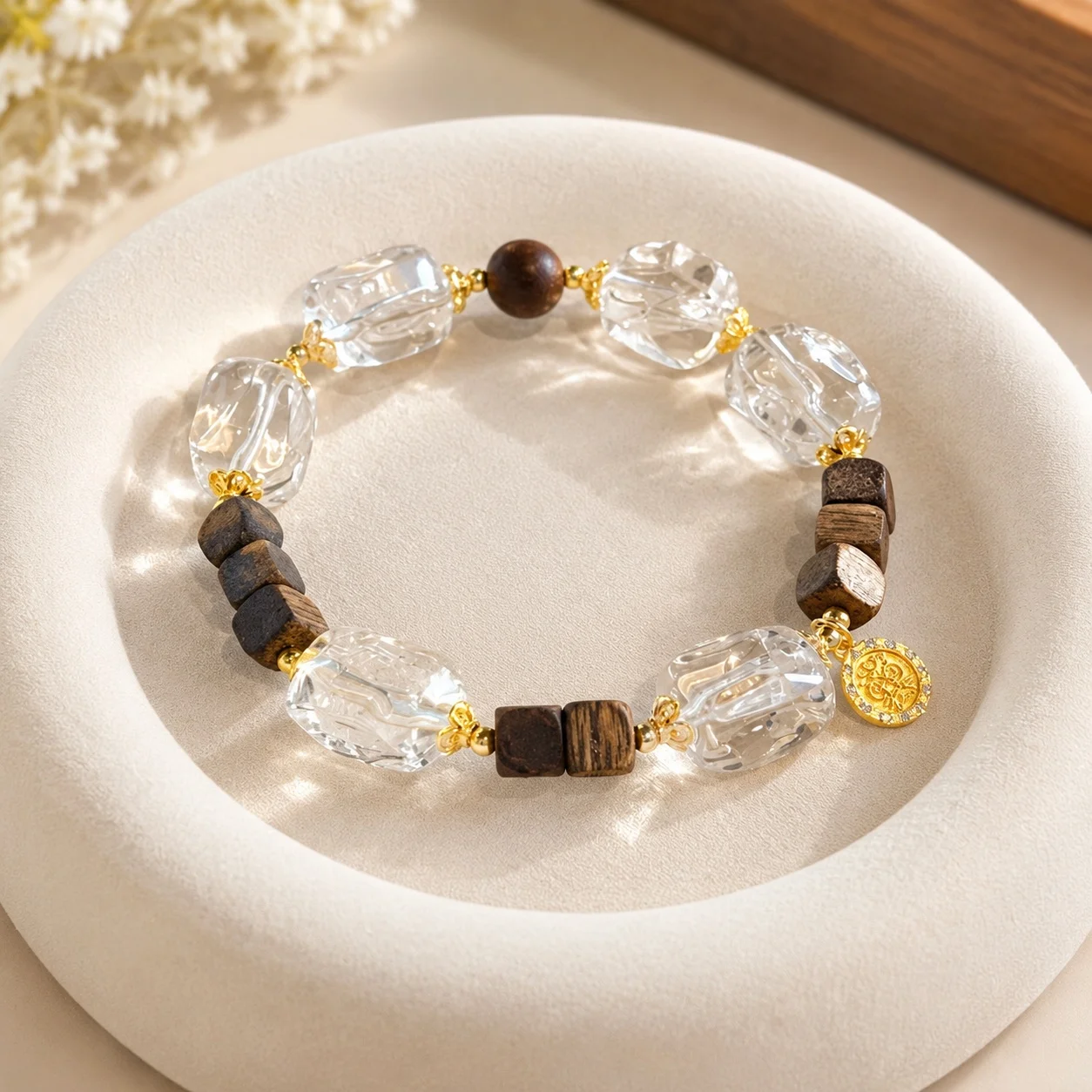 Hand-Strung Beads Bracelet New Chinese Style Irregular Shape White Crystal Yellow Tower Crystal Agarwood Women Daily Wear
