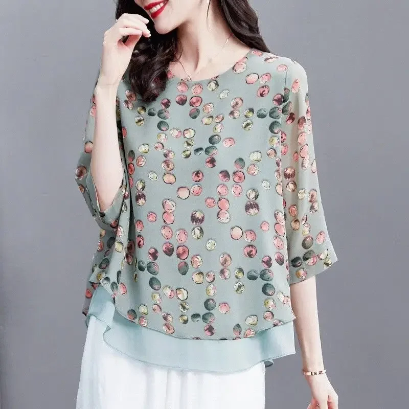 

Temperament Summer Women's O-Neck Sequined Printing Asymmetrical Simplicity Fashion Casual Half Sleeve Loose Chiffon Shirt Tops