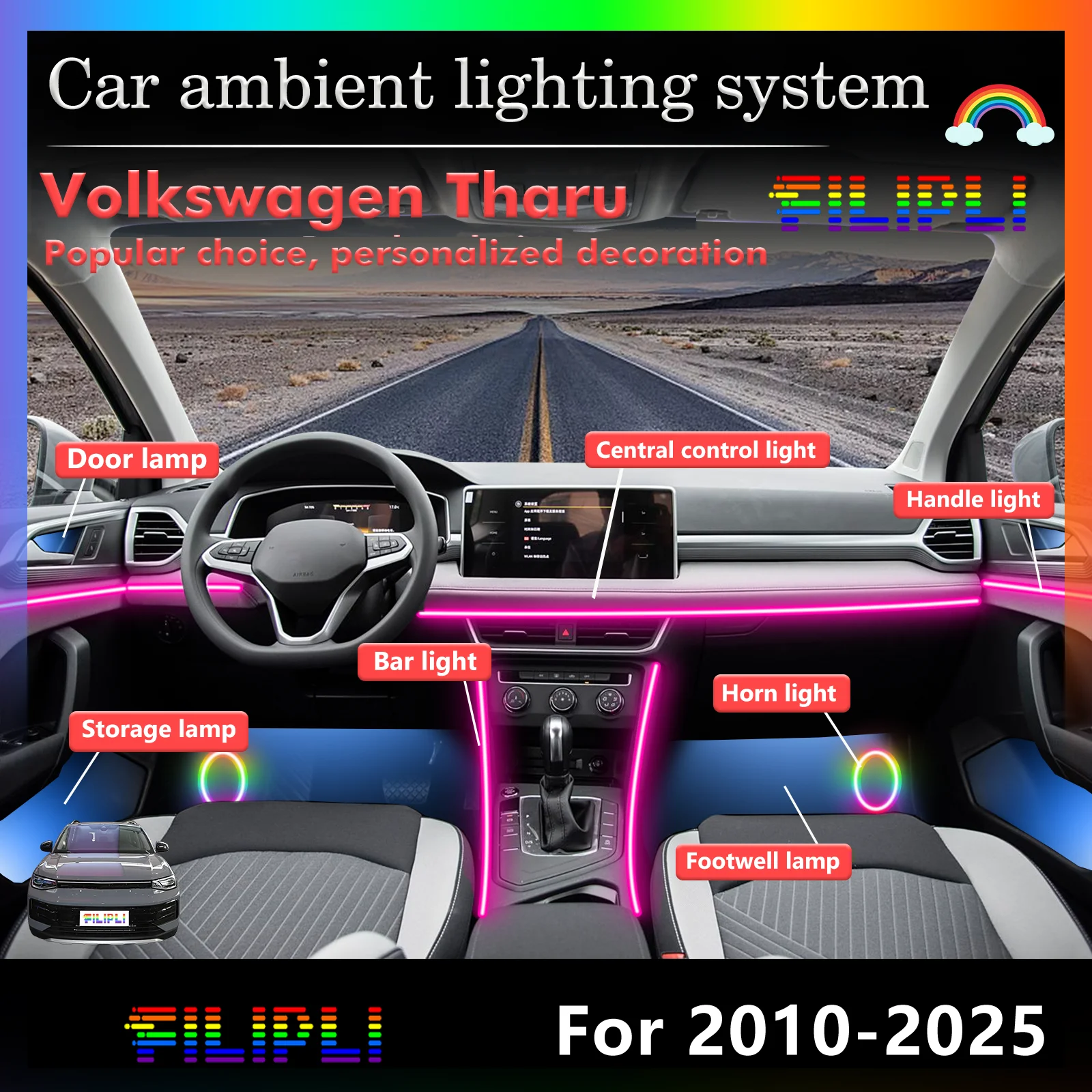 

24 In1 for Volkswagen Tharu series MQB‌ Car LED Ambient Lamps Colorful Atmosphere Lights Auto Interior Neon Strip 64 RGB Light