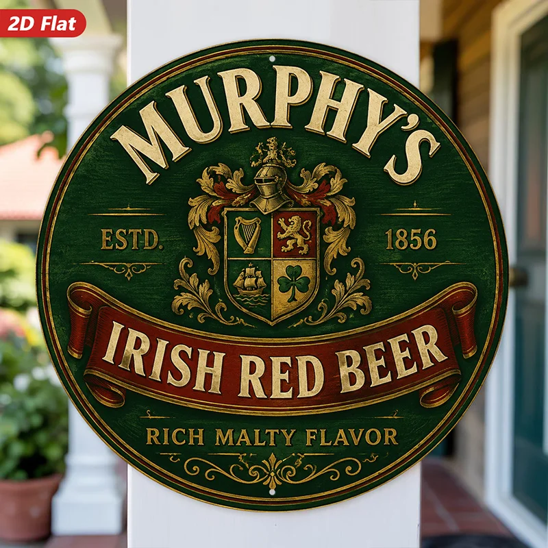 2D Flat, 1pc Irish Pub Crest Round Metal Sign Wall Art, Home Decor, Murphy's Irish Red Beer Text, Ornate Heraldic Shield, Golden