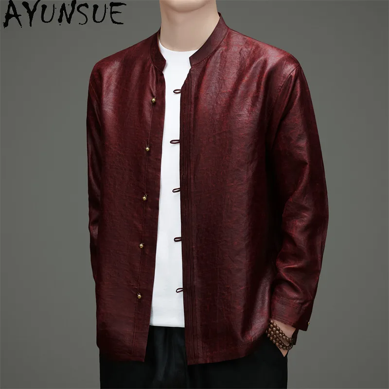 AYUNSUE Luxury 100% Real Mulberry Silk Shirts for Man High Quality Gauze Silk Shirt Stand Collar Summer Long Sleeve Shirts 2026