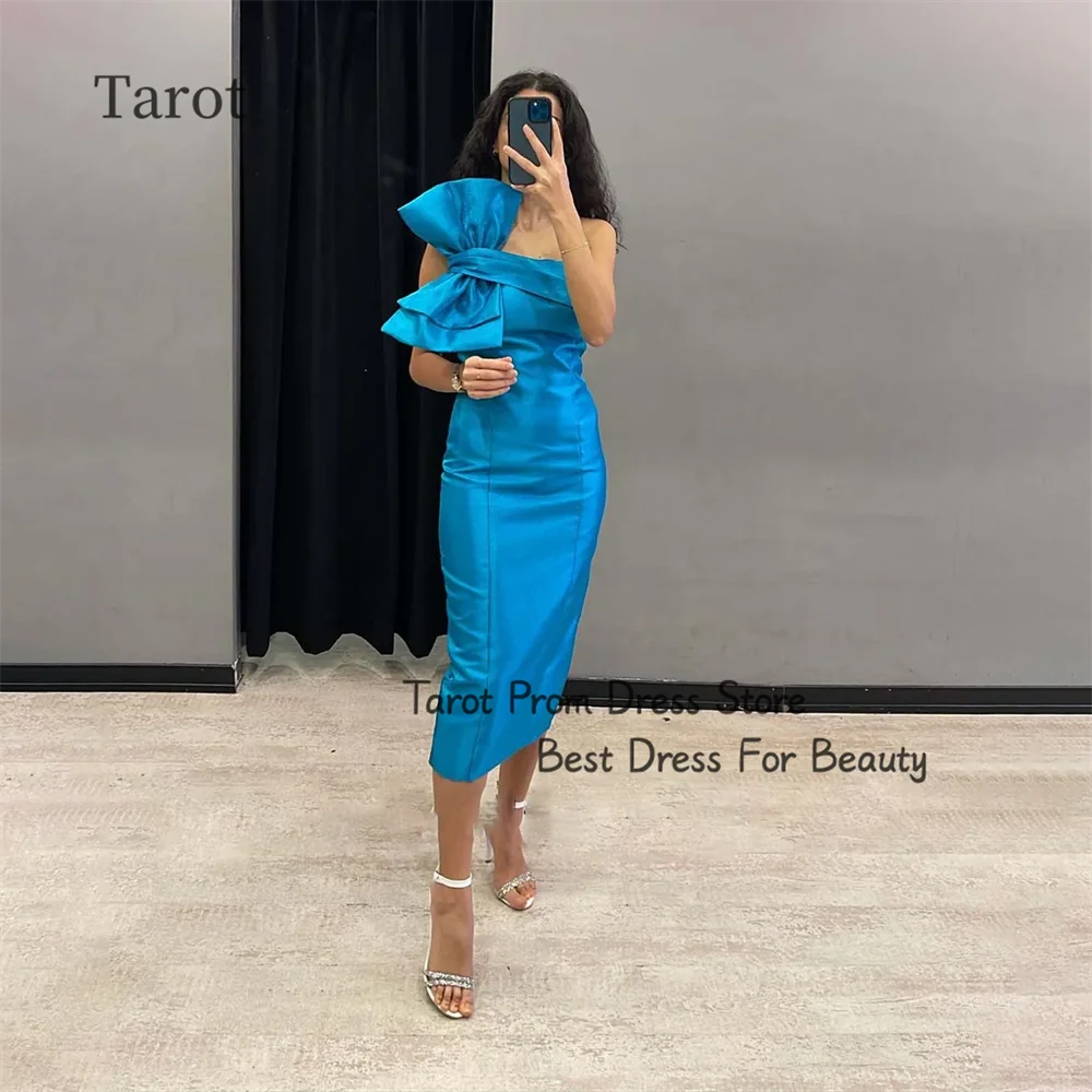 

Tarot Ruffle Bow Sleeveless Saudi Arabia Prom Dresses Satin Strapless Sheath Evening Dress Modern Tea Length فساتين سهرة