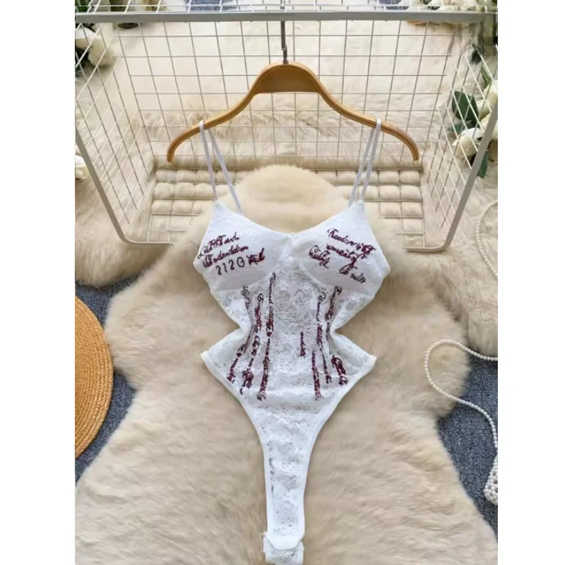 Lace Sexy Bodysuits Letter Print Summer Sleeveless Open Crotch Tank Top Strap Flirty Sheer Play bodysuit Beach Party