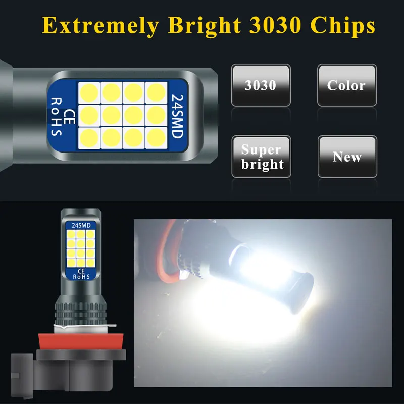 2Pcs H7 H11 Led Fog Light 9005 HB4 3030 LED 24Smd 9006 HB4 Auto Fog Lamps Dual Colors White Yellow Cars Headlight Bulbs 12V