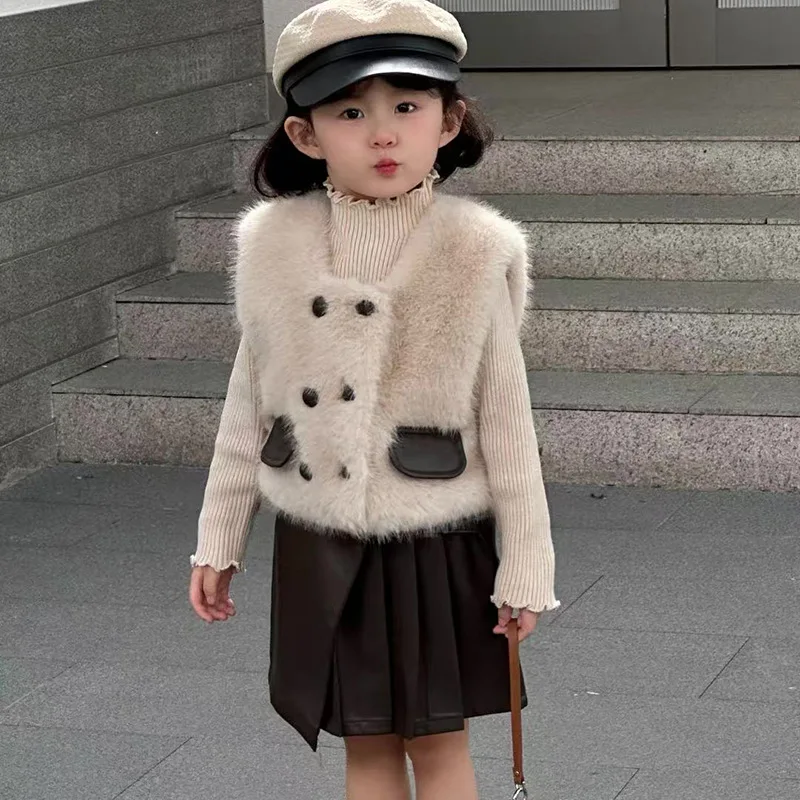 

Girls' Winter Dress Set2025Fleece-Lined Base Layer Sleeveless Fleece-Lined Layered Dress Two-Piece Set