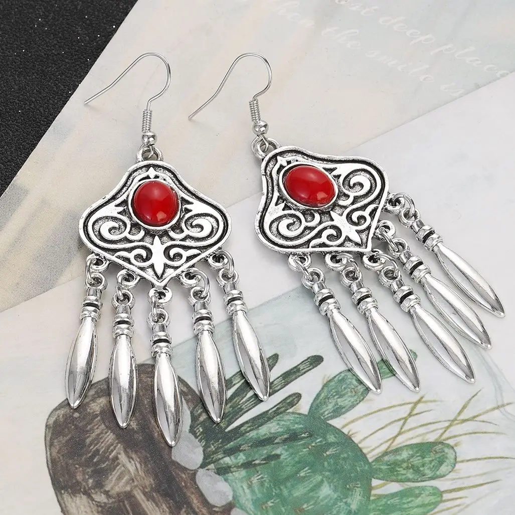 Vintage Ethnic Natural Stone Indian Earrings Jhumka Female Antique Silver Plated Geometric Carved Earrings Party Tassel Jewelry