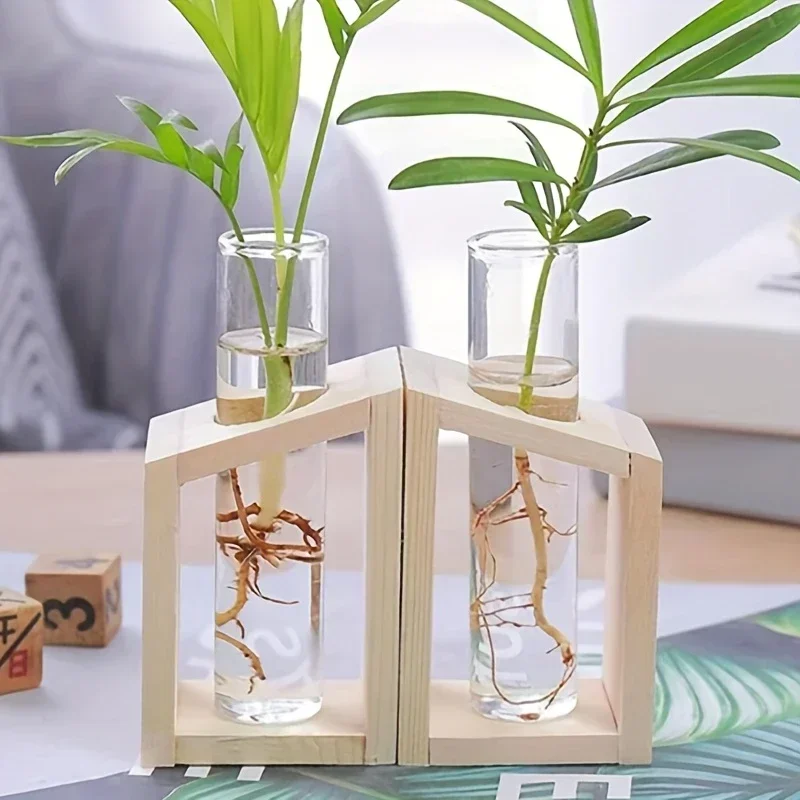 Test Tube Glass Vase Plant Propagation Station Hydroponic Vases for Plants with Wooden Stand Terrarium Office Home Desktop Decor