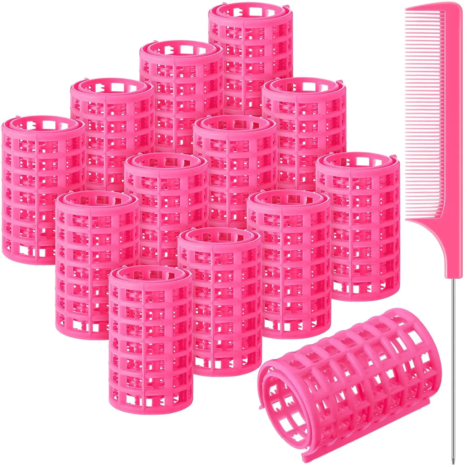 

12 Pcs Large Plastic Hair Rollers Set with Comb for Women, Easy DIY Curls, Pink