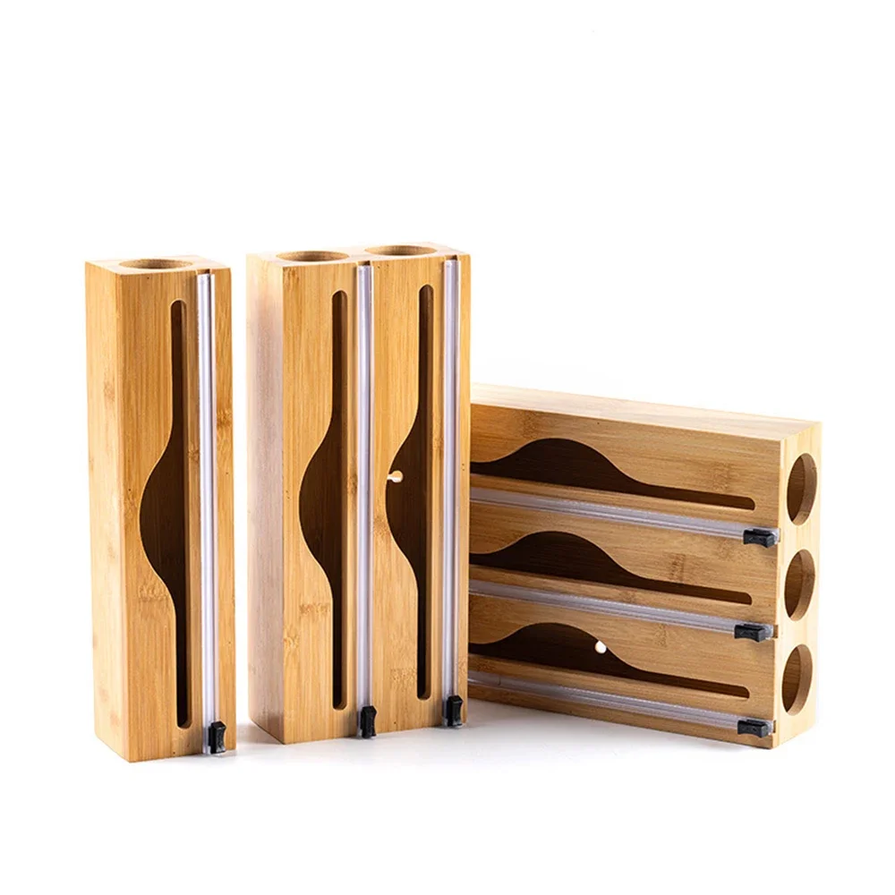 Bamboo Cling Wrap Dispenser with Cutter, Aluminum Foil & Wax Paper Holder for Kitchen Drawer Organization