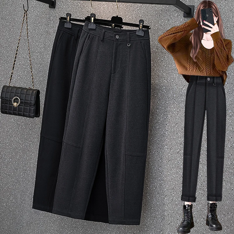 

Winter Loose Thicken Women Casual Trousers High Waist Solid Color Versatile Pockets Office Lady Fashion Simple Ankle Length Pant