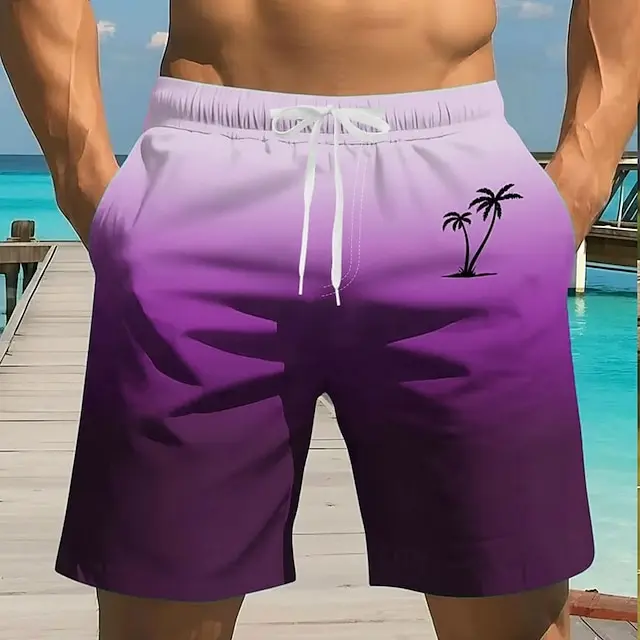 

Мужские пляжные шорты с градиентным фиолетовым принтом пальм, минималистичные, с тропическим рисунком, быстросохнущие, для плавания, летние плавательные шорты