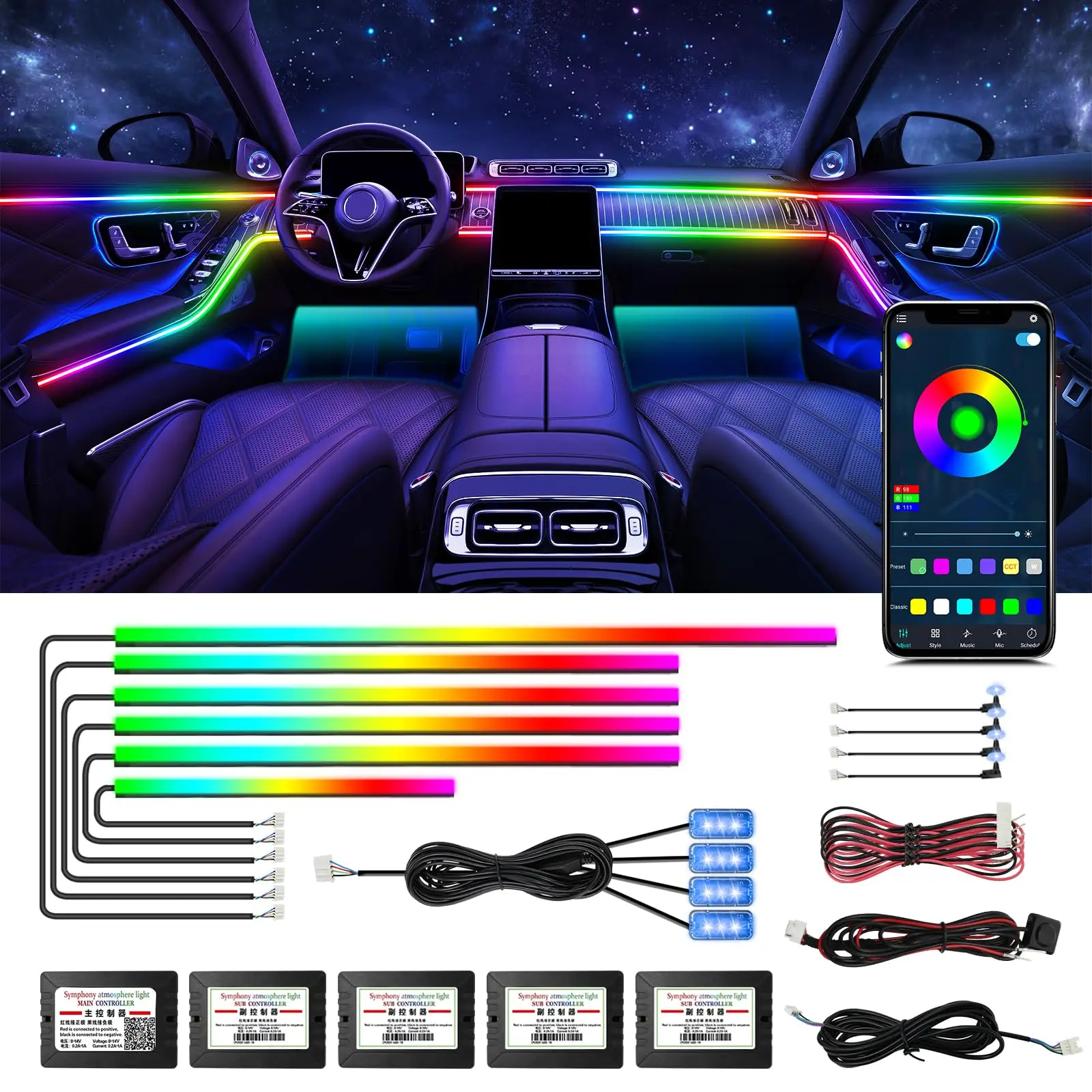 22 In1 Full Color Neon Streamer Car Ambient Lights  LED Interior Hidden Acrylic Strip Symphony RGB 64  Universal Atmosphere Lamp