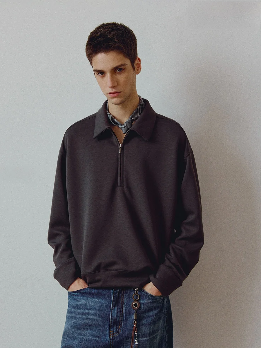 High-End 714street BEHALF Long Sleeve  Shirt with  Buttons Half Zipper Acetate Wool Youth Fashion Autumn Wear