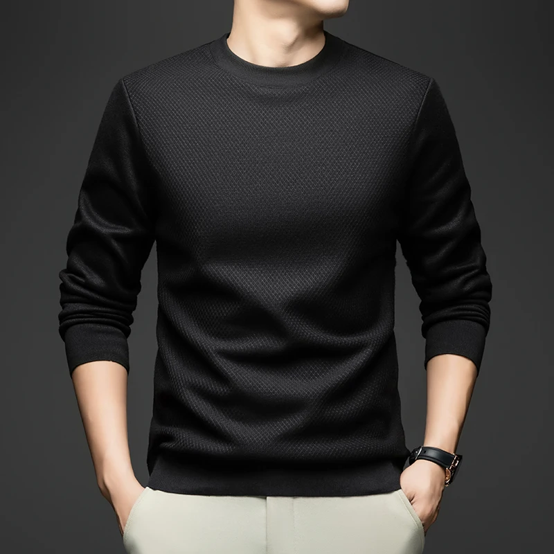 2025 T-shirt a maniche lunghe tinta unita girocollo da uomo casual, camicia base lavorata a maglia sottile da uomo trendy e semplice