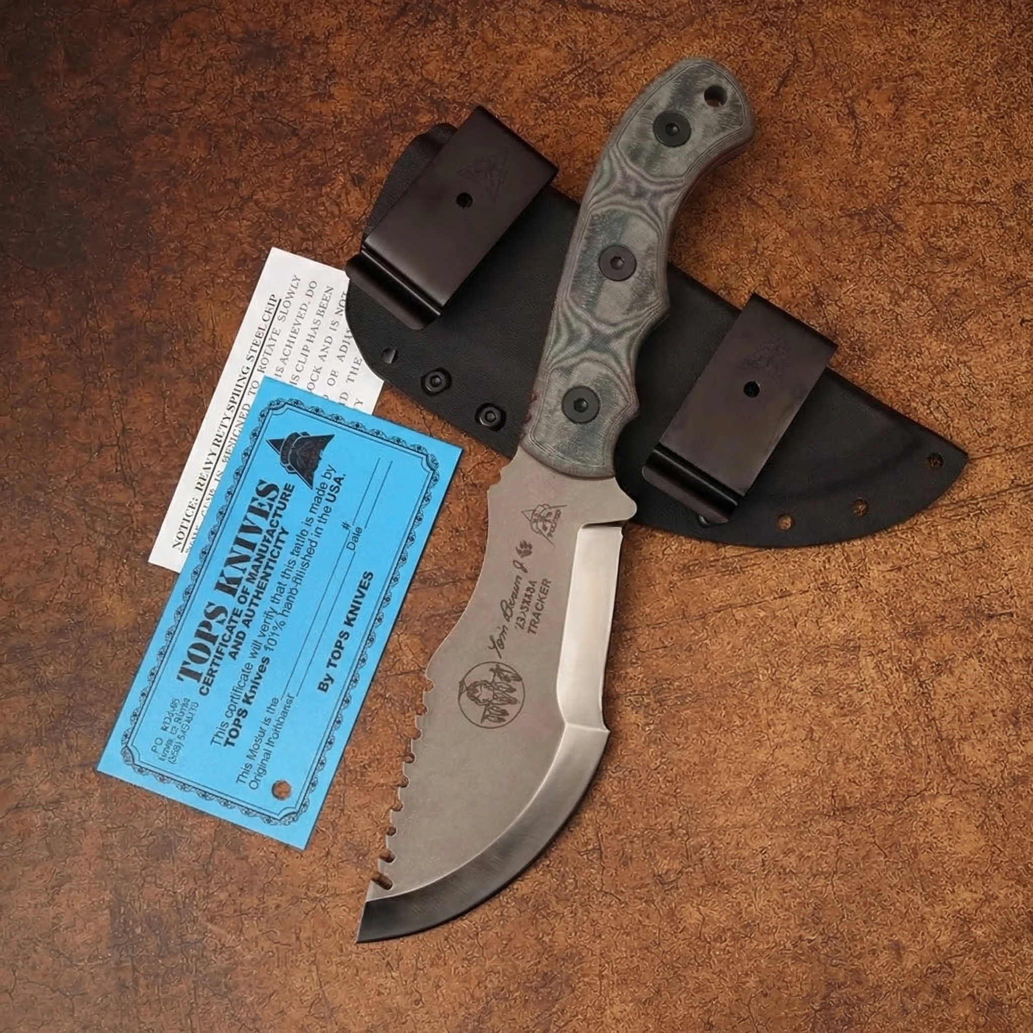 

TOPS Tracker Survival Knife Large Size – 154CM Steel Blade, Micarta Handle, KYDEX Sheath (Tom Brown Design)