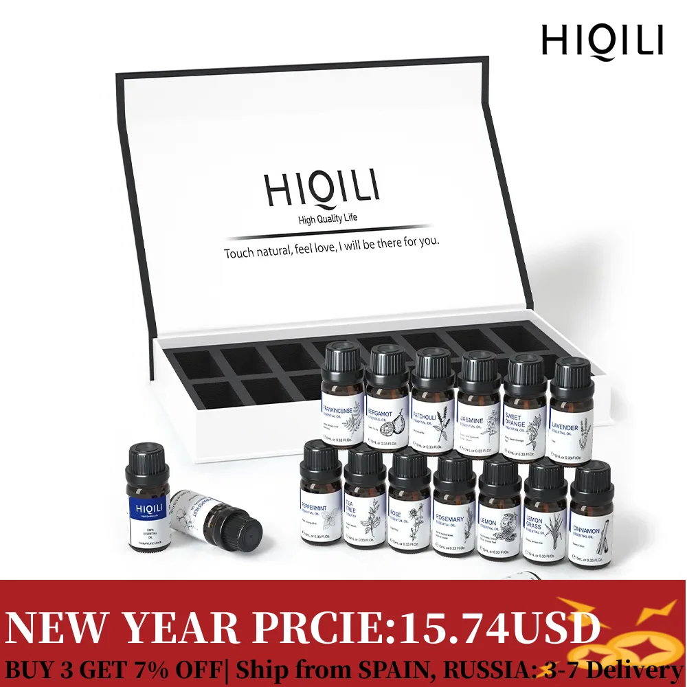 HIQILI 16 pcs 10ML Essential Oils Set for Diffuser Humidifier Massage Lavender/Eucalyptus/Vanilla/Lemon/Rosemary/Mint/Rose Oil