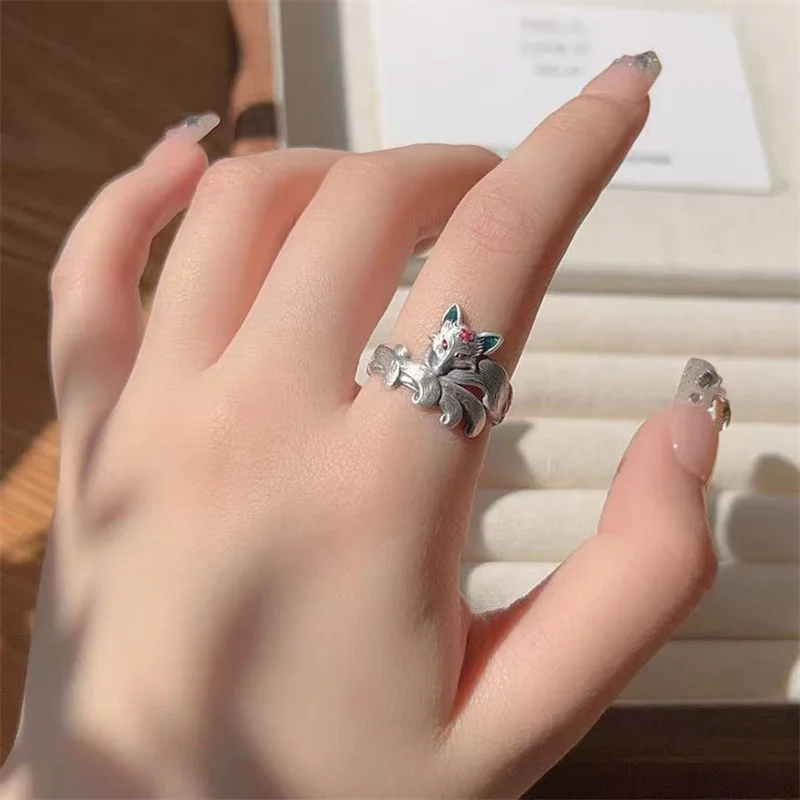 Retro Peach Blossom Fox Fairy Ring For Lady Lucky Accessories Trendy Women Index Finger Ring Adjustable Bring Love