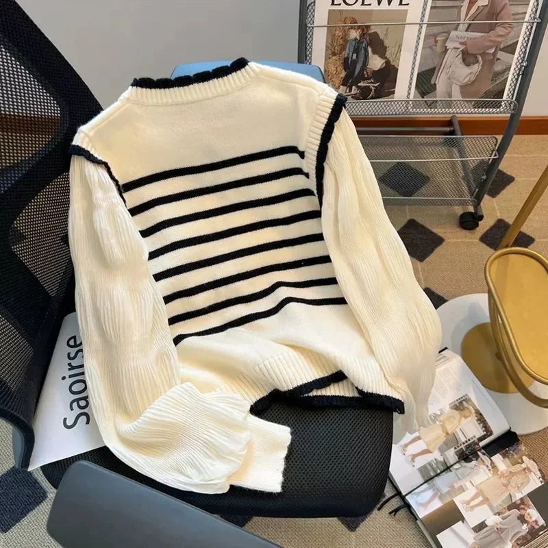 Spring Autumn New Thin Patchwork Fake Two-piece Cardigan Long Sleeve Striped Youth Knitting Tops Fashion Korean Women Clothing