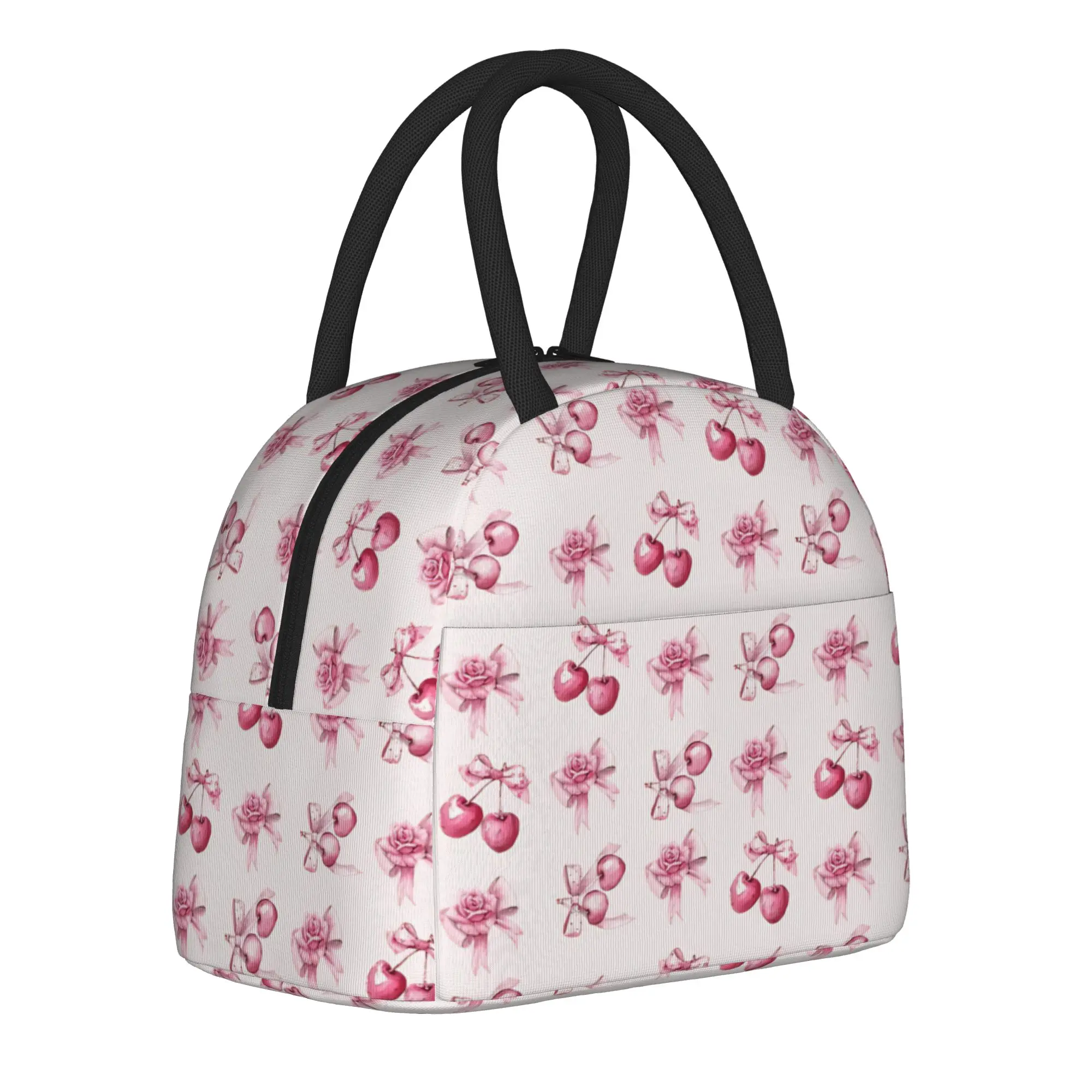 Coquette aesthetic pink  Insulated Lunch Bag Cooler Bag Reusable,Lunch Container Pink Bow Cherry High Capacity Tote Lunch Box
