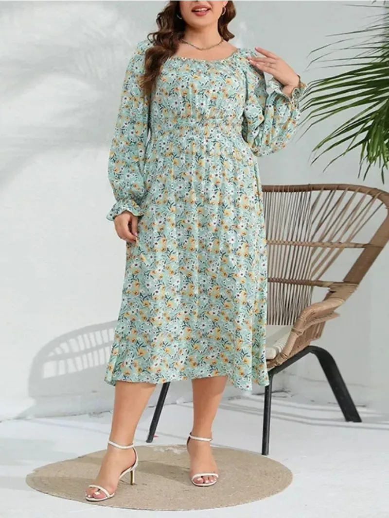 Spring New Elegant Fragmented Flower Dress with Lotus Leaf Sleeves Plus Size Fat Sister Long Dress