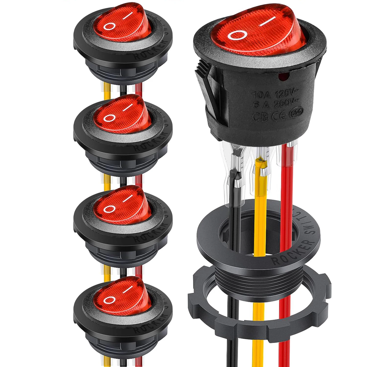 5 uds interruptor basculante redondo 12V 220VRed luz LED basculante interruptor de encendido/apagado SPST 3 pines con cables para barco marino RV camión