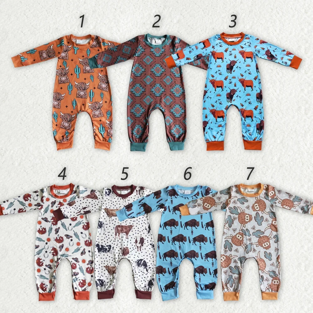 Wholesale western boutique onesies newborn toddler Sibling Baby Girls Boys Long Sleeve Western Cow Rompers