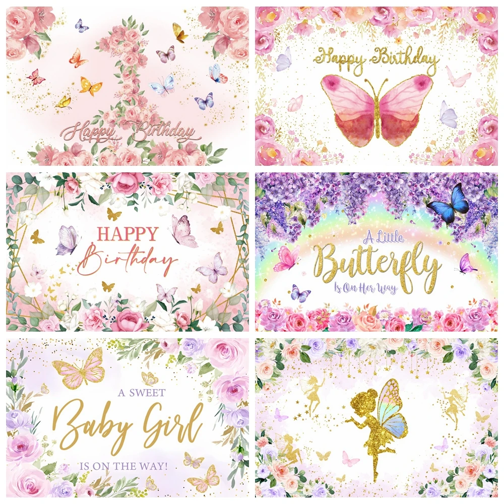 Flower Butterfly Backdrop Princess Girls Newborn Baby Shower Birthday Party Cake Smash Photography Background Decor Photo Studio