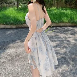 Backless Dresses for Women Thin Summer Young Girls Clothing New Niche Design Mesh Sleeveless Breathable Soft Mini Fit Printing