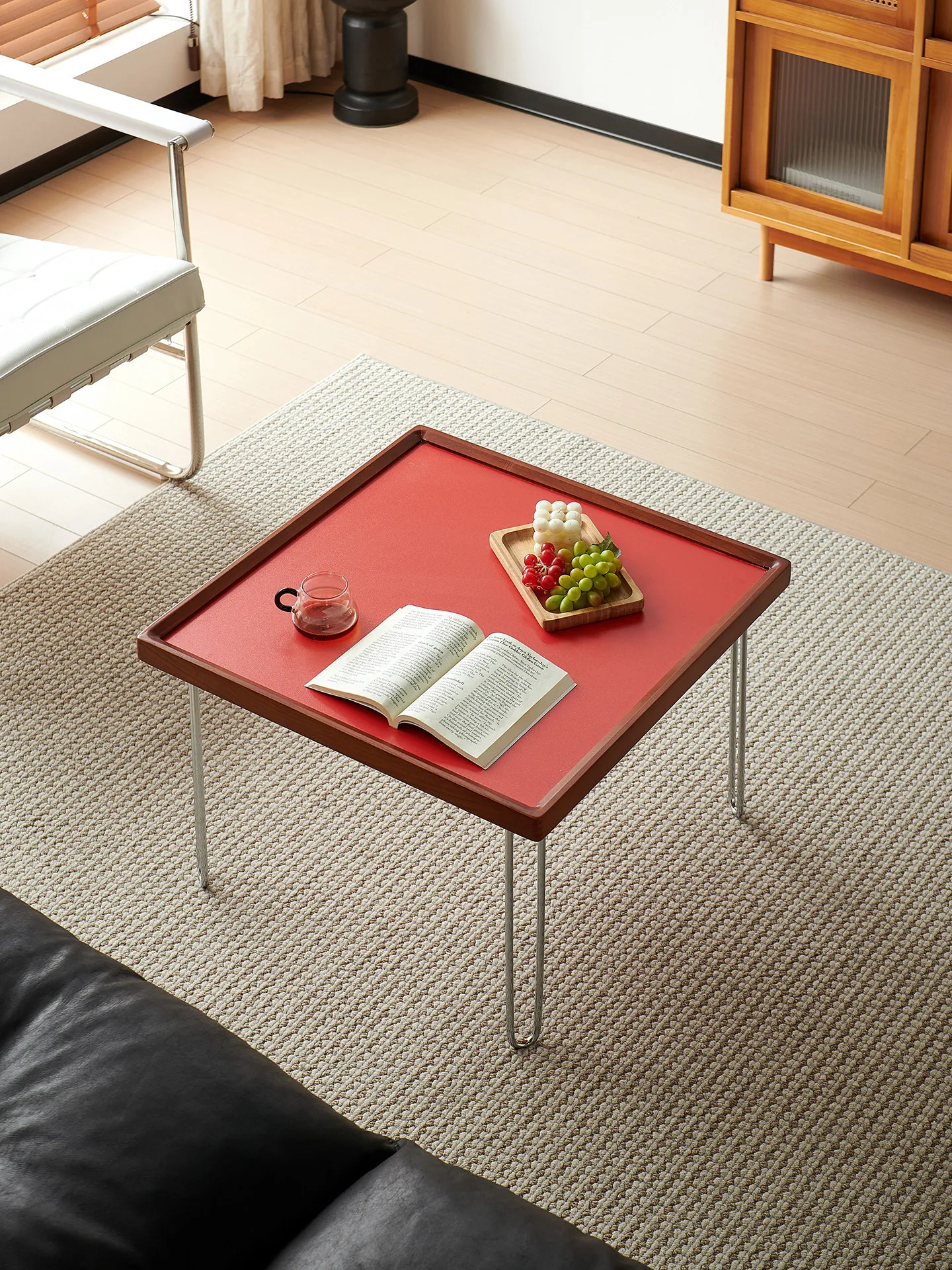 Mid‑Century Vintage Square Coffee Table, Colorful Designer Table with Stainless Steel & Tempered Glass for Small Apartment