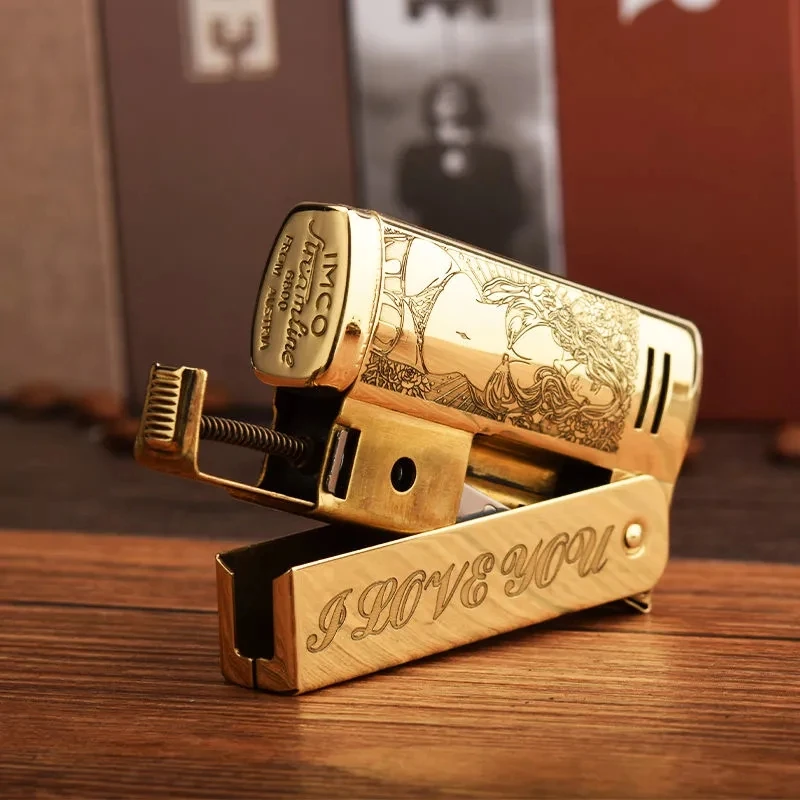 Original IMCO 6800 Kerosene Lighter Creative Retro Brass Carving Pattern Windproof Cigarette Accessories Smoking Gift for Men