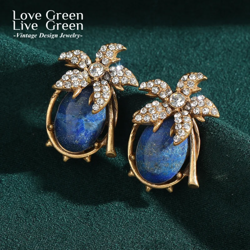 

Vintage Lapis Lazuli Blue Earring Stud Flower Natural Stone Gold Color Rhinestone Jewelry Designer Quality Luxury 2025 Christmas