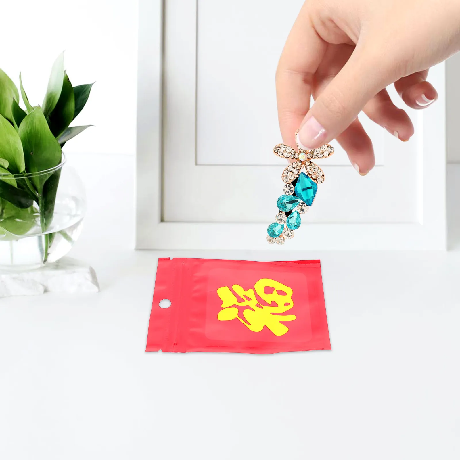100pcs Pearlescent Charm Pouch Fortune Character Sealing Bag For Jewelry Candy Packaging Keychain Earring Gift Decor Stand Up