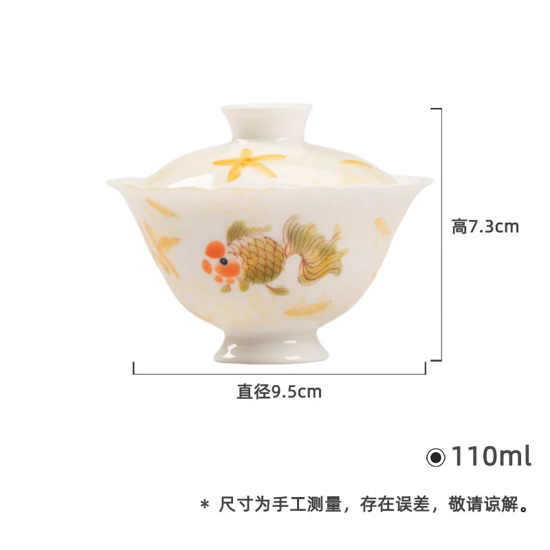 Jade Clay White Porcelain Hand-painted Fat Head Fish Flower Mouth Cover Bowl Kung Fu Tea Set Household Scholar's Ware Imitation